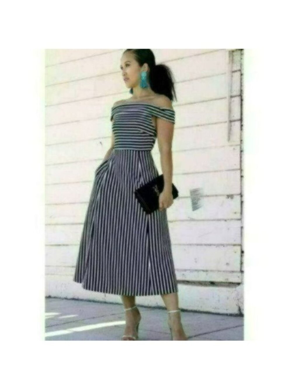 Banana Republic Women's Size 2 Black White Stripe Off The Shoulder Midi Dress